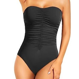 NWT One Piece Swimsuit Bathing S Black Shirred Padded Bra Full Coverage Slimming